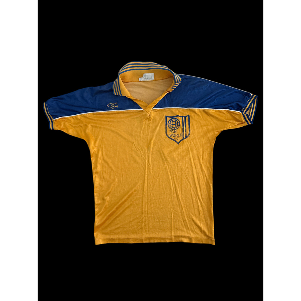 Vintage 1970s Pan World S.C. Soccer Jersey #21 by Peter Green Ltd. – Yellow/Blue